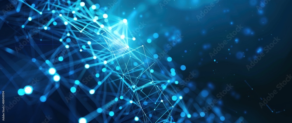 Fototapeta premium Abstract blue background with glowing dots and connection lines, representing a digital technology concept of a big data network for business, science or artificial intelligence research