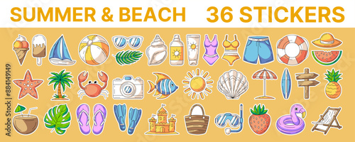 Summer and beach, vector colorful painted stickers set. Icons collection of seasonal rest and vacation accessories with white outline. For prints, cards, paper crafts, scrapbooking.