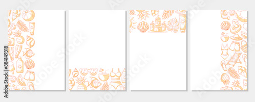 Set of summer minimalist vertical a4 poster, monochrome orange beach elements, accessories icons. Left, right side, upper, bottom border frame, copy space, isolated on white. For banner, invitation