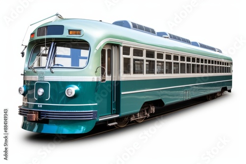 Isolated tram car on white background in side view for enhanced search relevance