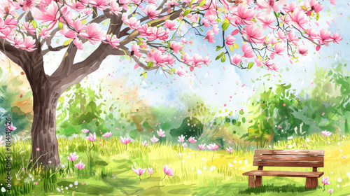 Watercolor Painting of a Bench Under a Blooming Magnolia Tree.