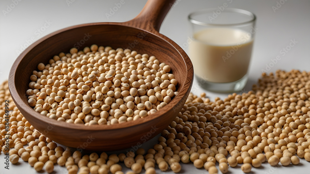 Soy milk in wooden bowl, soybeans around, wooden spoon with soybeans, white background