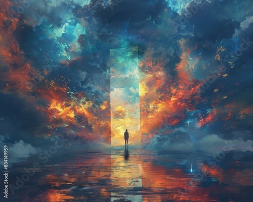 Create a surrealistic painting of a person standing in front of a giant door that opens to reveal a vast, colorful universe of ideas.