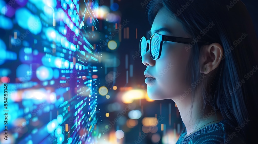 Woman in Glasses Gazing at a Digital Interface Woman in Glasses Gazing at a Digital Interface