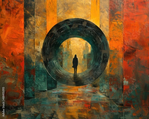 Create a surrealistic painting of a person floating in a bubble, navigating through a maze of narrow, rigid pathways.