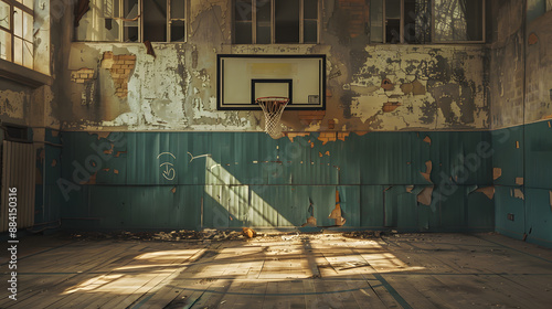 A basketball court with a basketball hoop and a net