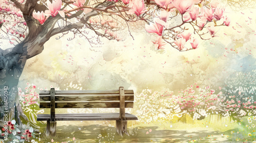 Wooden bench under blossoming magnolia tree.