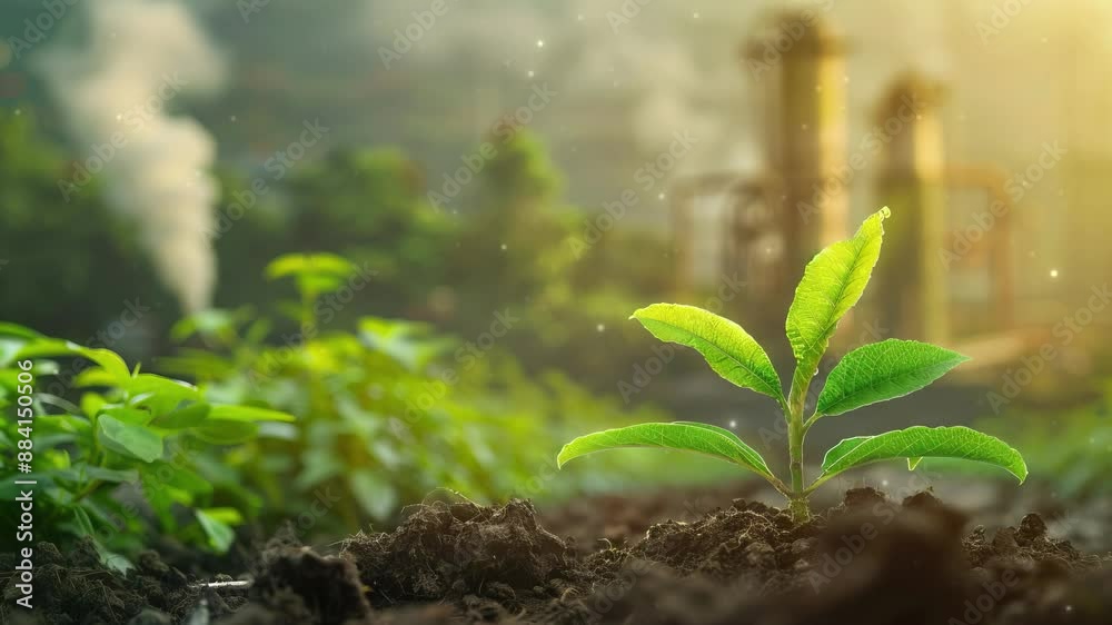 Decarbonization, featuring a vibrant green plant in the foreground with a CO2-emitting industrial chimney in the background, symbolizing the balance between industry and environmental sustainability. Decarbonization, featuring a vibrant green plant in the foreground with a CO2-emitting industrial chimney in the background, symbolizing the balance between industry and environmental sustainability.
