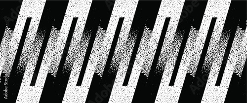 Monochrome grunge noise patterns split into vertical sections, resembling glitches in a digital signal. The pixelation gradient stripes stretch across the canvas.