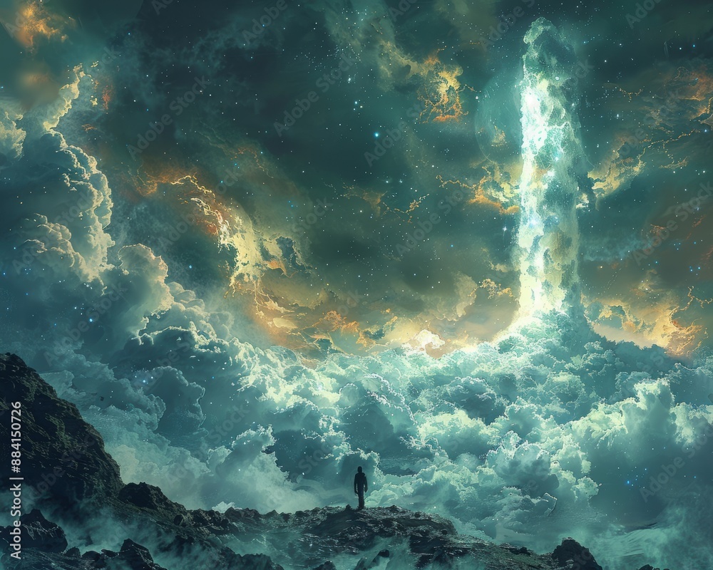 Obraz premium Create a surrealistic painting of a person using a giant key to unlock a door in the sky, leading to a realm of endless ideas.
