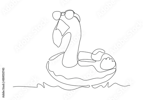 Continuous single one line drawing inflantable rubber flamingo toy summer beach concept. sketch drawing design vector graphic illustration.