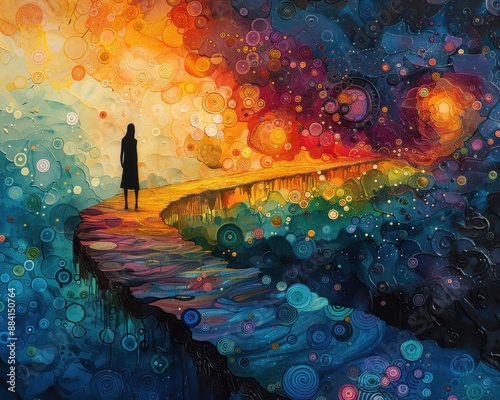 Create a surrealistic painting of a person standing on a bridge made of interconnected thought bubbles, leading to a horizon of innovation.