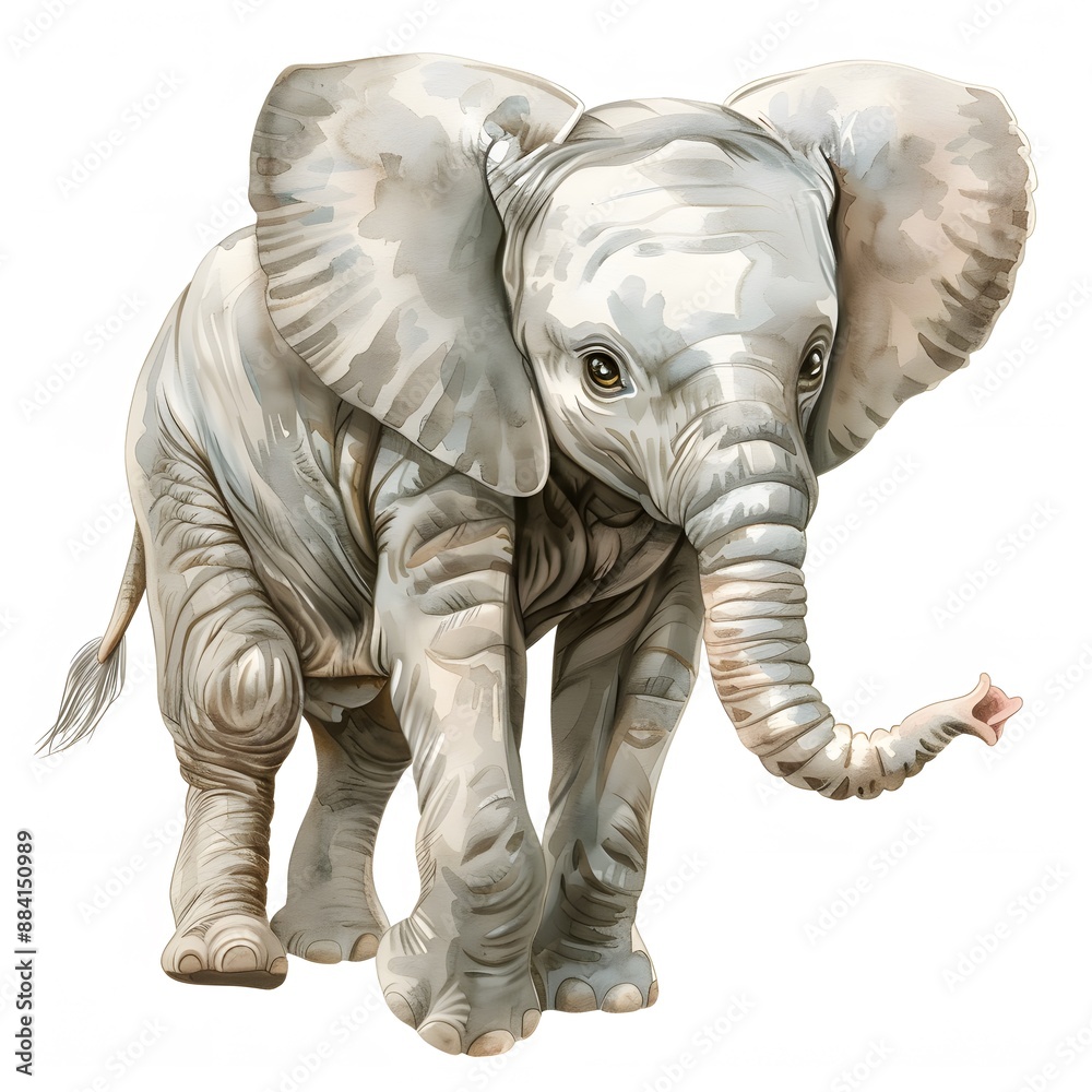 Fototapeta premium A cute baby elephant with big ears and a trunk standing on a white background.