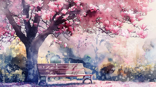 Watercolor Painting of a Bench Under a Blooming Magnolia Tree.