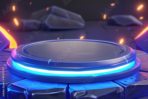 Futuristic pedestal with glowing blue light for product showcase photo