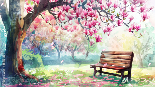 Watercolor Painting of a Bench Under a Magnolia Tree.