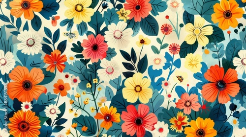 Fototapeta Naklejka Na Ścianę i Meble -  Bright and colorful floral pattern with a variety of flowers and leaves in a repeat pattern.