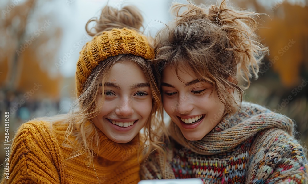 Obraz premium Two Caucasian girls sitting in a park laugh and joke while watching a tablet in the name of lifestyle and technology.