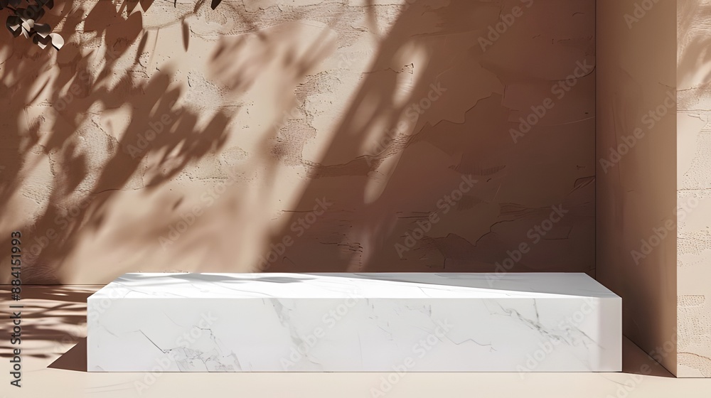 Minimalist white marble podium with plant shadows, brown wall backdrop. Perfect for product displays or product photography,product promotion,luxury,sophisticated Minimalist white marble podium with plant shadows, brown wall backdrop. Perfect for product displays or product photography,product promotion,luxury,sophisticated