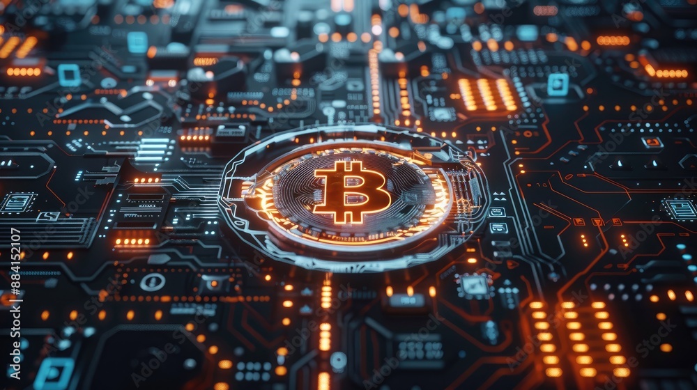 Fototapeta premium Digital concept of Bitcoin cryptocurrency blockchain technology with a futuristic circuit board and glowing elements.