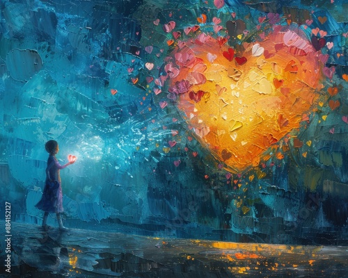 Create a surrealistic painting of a person holding a glowing heart, with light rays connecting to another person holding a matching heart.