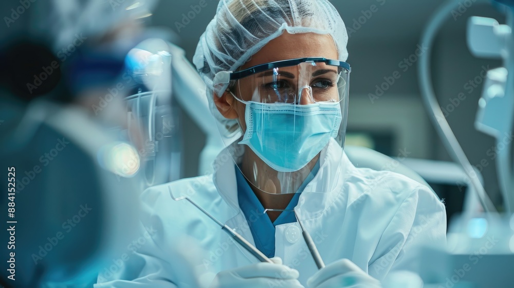 Doctor in surgical attire performing a procedure in a sterile medical environment, focused and professional. Doctor in surgical attire performing a procedure in a sterile medical environment, focused and professional.