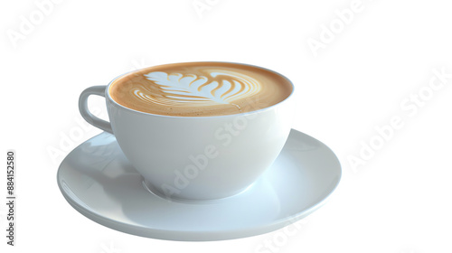 A beautifully crafted cappuccino with latte art served in a white cup and saucer, isolated on a white background.