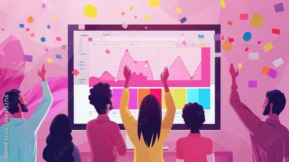 Diverse team celebrates business success with colorful charts on a large screen, symbolizing growth and achievement. Diverse team celebrates business success with colorful charts on a large screen, symbolizing growth and achievement.