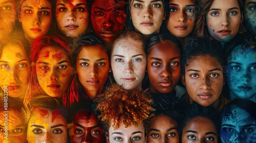 Diverse group of young women with various skin tones and expressions, symbolizing unity and empowerment. Vibrant and inclusive portrait.