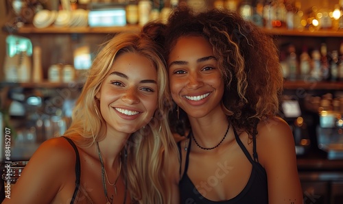 Two young women have fun drinking coffee at the bar. © minhnhat