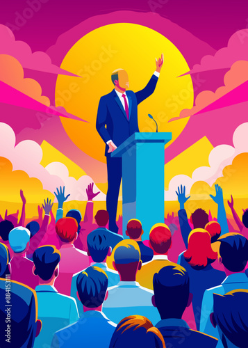 Man doing a speech outdoor in front of a crowd of members of a political party