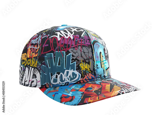 Colorful graffiti-patterned baseball cap with intricate street art design, blending vibrant hues to create a bold fashion statement.
