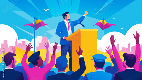 Man doing a speech outdoor in front of a crowd of members of a political party