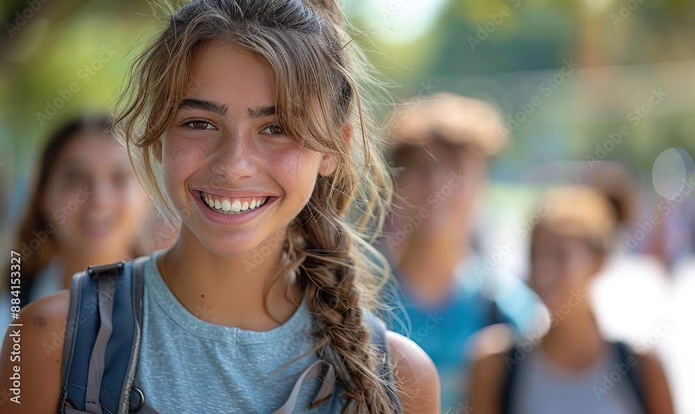 Happy teenagers gather on the college campus, laughing and chatting excitedly, enjoying the summer sunshine and the bonds of friendship. Happy teenagers gather on the college campus, laughing and chatting excitedly, enjoying the summer sunshine and the bonds of friendship.
