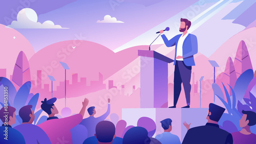 Man doing a speech outdoor in front of a crowd of members of a political party