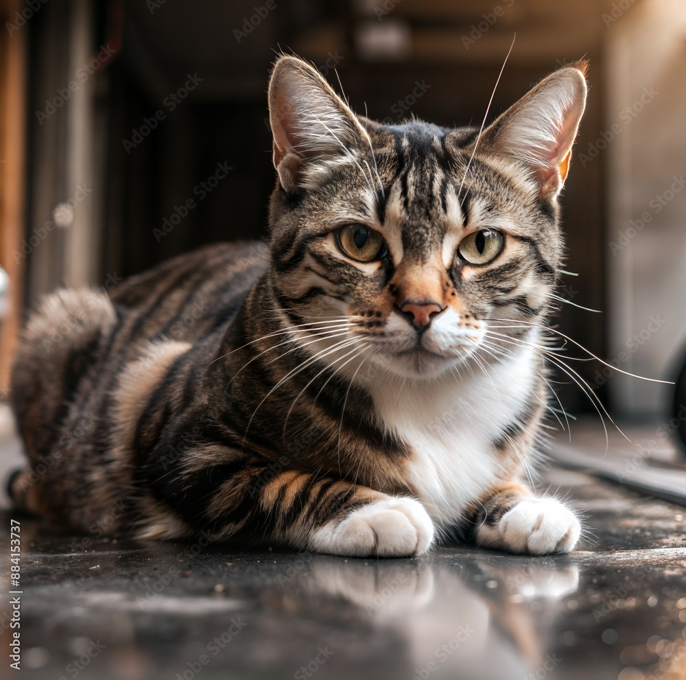 Fototapeta premium Tabby Cat Relaxing on a Marble Surface. Generative AI