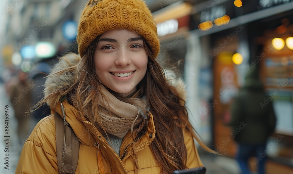 A beautiful and happy teenage woman uses a smartphone device in the city's outdoor area, as seen in the video. A beautiful and happy teenage woman uses a smartphone device in the city's outdoor area, as seen in the video.
