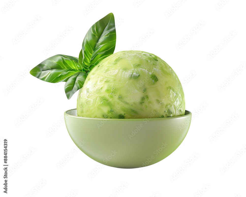 Refreshing green mint sorbet with fresh basil leaves in green bowl, isolated on white background, perfect for summer dessert. Refreshing green mint sorbet with fresh basil leaves in green bowl, isolated on white background, perfect for summer dessert.