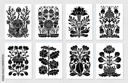 Vector set of spring summer illustration with black wild flowers isolated on white background in Folk art symmetry style, greeting cards collection