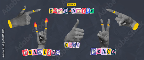 Set of 6 halftone collage gesture hands with blackmail letter phrases. Deadline, cool, peace and compromise idea design concepts. Wrinkled paper effect. Advertising and promotional elements.