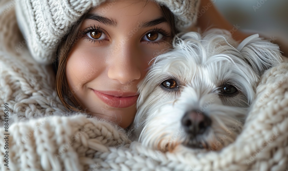 The white dog gets love from its owner. The white dog gets love from its owner.