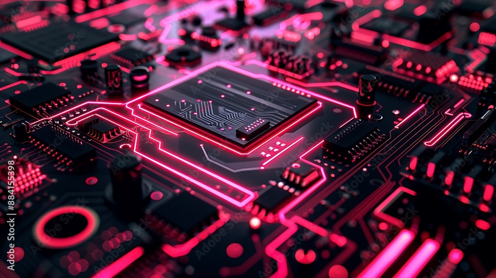 Close-up of a Modern Motherboard with Glowing Red Circuits Close-up of a Modern Motherboard with Glowing Red Circuits