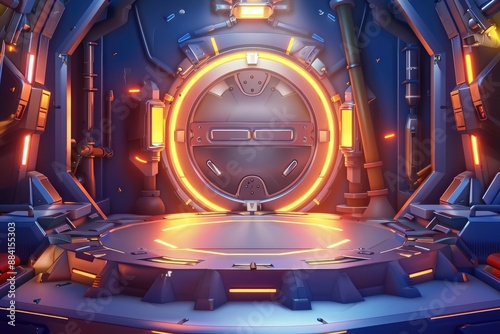 Futuristic spaceship interior with glowing circular door and platform photo