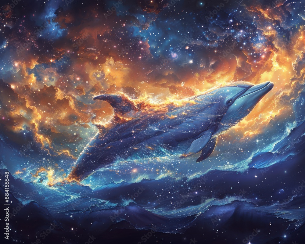 Create a surrealistic painting of a playful dolphin swimming through a sea of stars and galaxies. Create a surrealistic painting of a playful dolphin swimming through a sea of stars and galaxies.