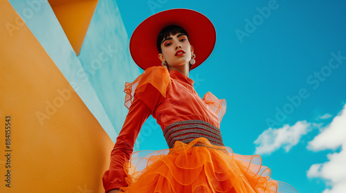 full body photo of an orange fashion model, front cover photo of a magazine, AI generatd images photo