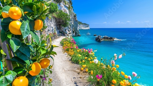 Coastal Citrus Orchard Walkway Overlooking Serene Blue Sea