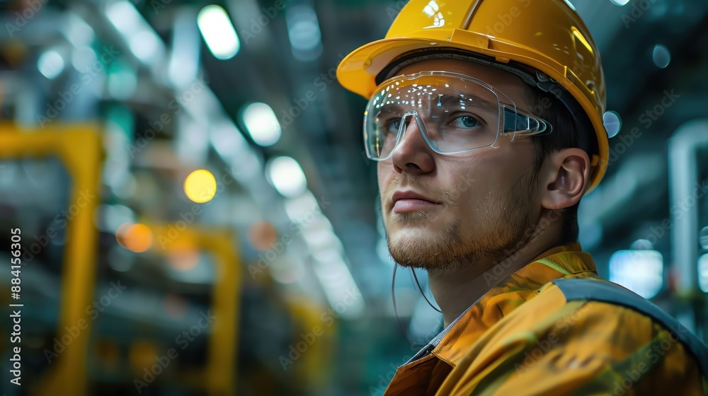 A young man in a hard hat and safety glasses looks intently at something in a factory. A young man in a hard hat and safety glasses looks intently at something in a factory.