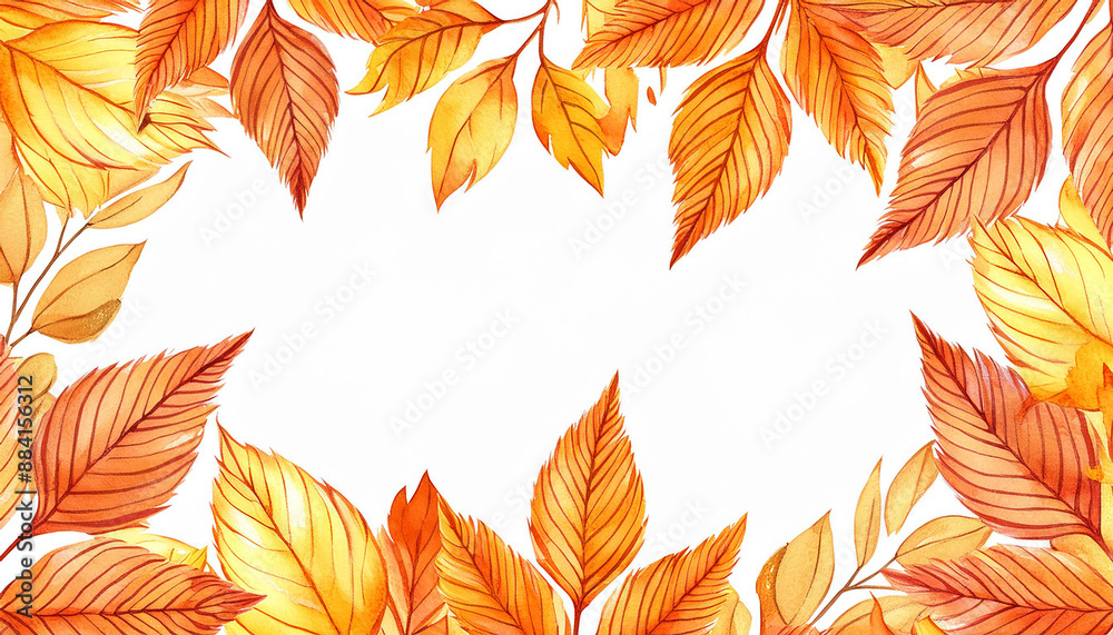 Obraz premium Frame with orange leaves in watercolor style. Lush foliage. Natural botanical design. Hand drawn art