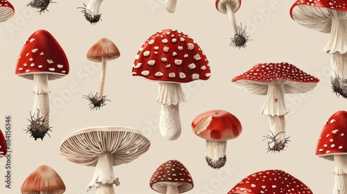 Vintage seamless pattern with watercolor illustrations of red and brown mushrooms photo