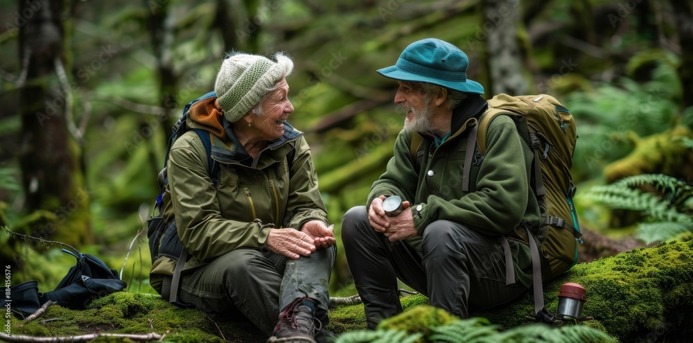 Fototapeta premium A cheerful elderly couple enjoys nature outdoors in a mountain forest with moss-covered trees.